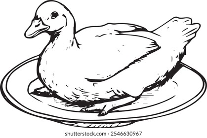 Hand draw duck in plate full body vector Black and white Silhouette