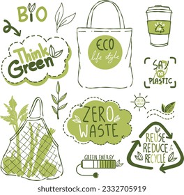Hand draw   earth day elements concept zero waste and  eco life