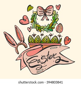 Hand draw easter illustration.Greeting card text templates with Easter eggs,bow,wreath, bunny ears,pot of flowers,hearts in pink and green colors. Happy easter lettering modern calligraphy style.