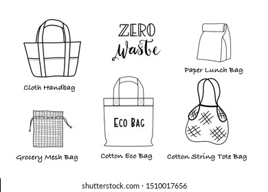 Hand Draw Eco Grocery Shopping Bags Collection on White Background. Black Doodle line Art Vector Illustration. No Plastic, Zero waste, Eco Friendly , Plastic Bag Free Concept.