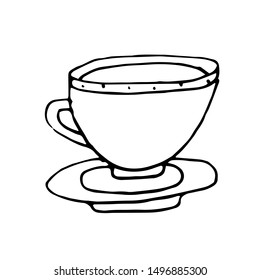 Hand draw element for kitchen utensils, cooking tools. Cup with a pattern on a saucer on an isolated white background.