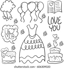 Hand draw element wedding in doodles