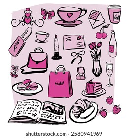 Hand draw elements of pastries, fruits, cake, bottle and glasses, envelopes, bags, cups, coffee, bread, book, flowers, ring, bows, macaroons. Vector, isolated, brush strokes.