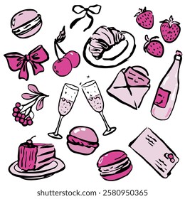 Hand draw elements of pastries, fruits, cake, bottle and glasses, envelopes, bows, macaroons. Vector, isolated, brush strokes.