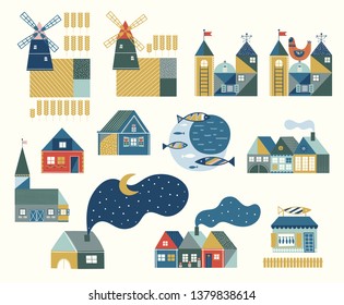 Hand draw elements with scandinavian house in pastel colors. Hygge cozy house inspired by scandinavian folk art. Illustration with colorful buildings on light background. Nordic village.﻿