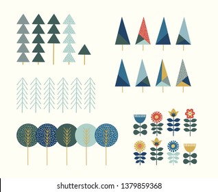 Hand draw elements with scandinavian trees and flowers in pastel colors. Cute tree inspired by scandinavian folk art. Illustration with colorful flower isolated on light background. Nordic nature.﻿