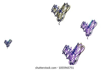 Hand Draw, Embroidered, Stylish Blue, Green, Violet and Black Hearts of Different Size on White Background