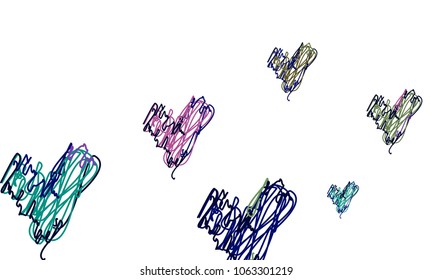 Hand Draw, Embroidered, Stylish Blue, Green, Violet and Black Hearts of Different Size on White Background