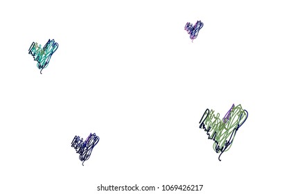 Hand Draw, Embroidered, Stylish Blue, Green, Violet and Black Hearts of Different Size on White Background