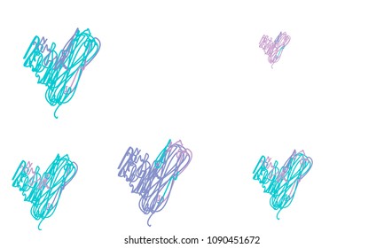 Hand Draw, Embroidered, Stylish Blue and Violet Hearts of Different Size on White Background