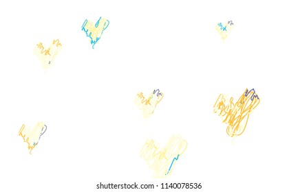 Hand Draw, Embroidered, Stylish Blue and Yellow Hearts of Different Size on White Background