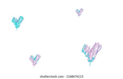 Hand Draw, Embroidered, Stylish Blue and Violet Hearts of Different Size on White Background