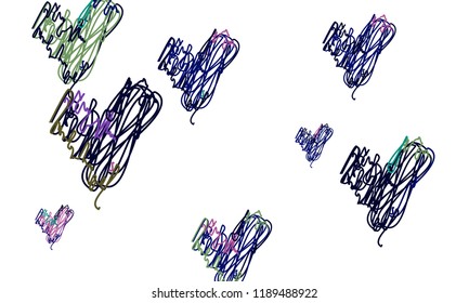 Hand Draw, Embroidered, Stylish Blue, Green, Violet and Black Hearts of Different Size on White Background
