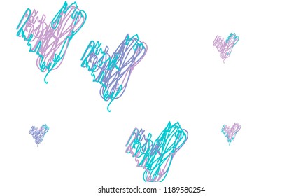 Hand Draw, Embroidered, Stylish Blue and Violet Hearts of Different Size on White Background