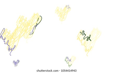 Hand Draw, Embroidered, Stylish Green, Blue and Yellow Hearts of Different Size on White Background