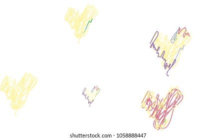 Hand Draw, Embroidered, Stylish Green, Yellow, Red and Blue Hearts of Different Size on White Background
