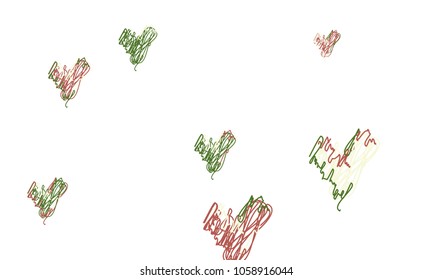 Hand Draw, Embroidered, Stylish Green and Red Hearts of Different Size on White Background