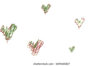 Hand Draw, Embroidered, Stylish Green and Red Hearts of Different Size on White Background