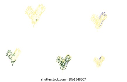 Hand Draw, Embroidered, Stylish Green, Blue and Yellow Hearts of Different Size on White Background