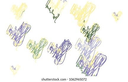 Hand Draw, Embroidered, Stylish Green, Blue and Yellow Hearts of Different Size on White Background