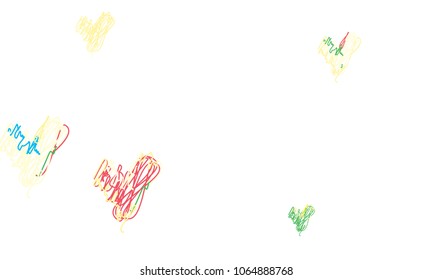 Hand Draw, Embroidered, Stylish Green, Yellow, Red and Blue Hearts of Different Size on White Background