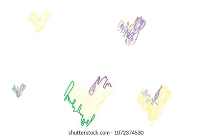 Hand Draw, Embroidered, Stylish Green, Yellow, Red and Blue Hearts of Different Size on White Background