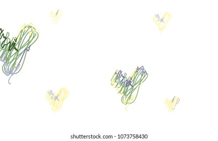 Hand Draw, Embroidered, Stylish Green, Blue and Yellow Hearts of Different Size on White Background
