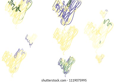 Hand Draw, Embroidered, Stylish Green, Blue and Yellow Hearts of Different Size on White Background