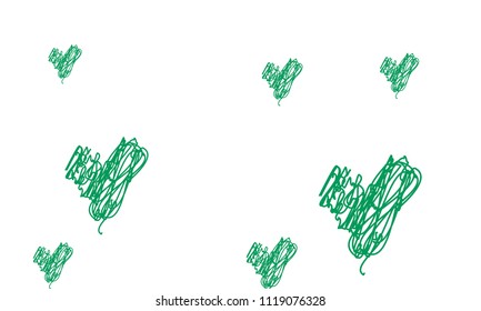 Hand Draw, Embroidered, Stylish Green Hearts of Different Size on White Background
