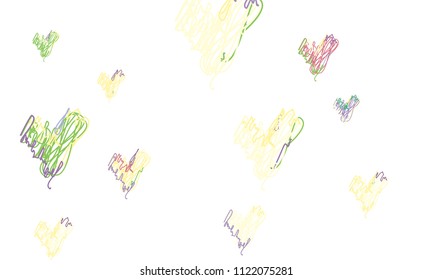 Hand Draw, Embroidered, Stylish Green, Yellow, Red and Blue Hearts of Different Size on White Background