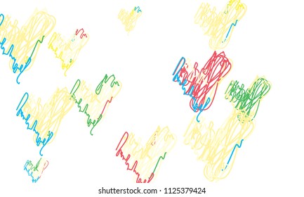Hand Draw, Embroidered, Stylish Green, Yellow, Red and Blue Hearts of Different Size on White Background