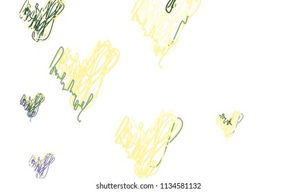 Hand Draw, Embroidered, Stylish Green, Blue and Yellow Hearts of Different Size on White Background