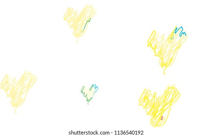 Hand Draw, Embroidered, Stylish Green, Yellow, Red and Blue Hearts of Different Size on White Background