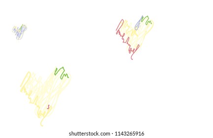 Hand Draw, Embroidered, Stylish Green, Yellow, Red and Blue Hearts of Different Size on White Background