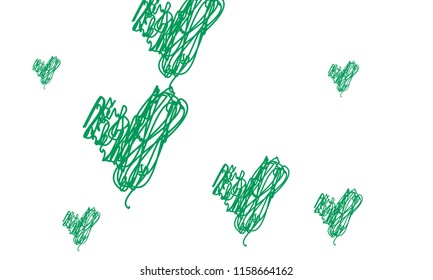 Hand Draw, Embroidered, Stylish Green Hearts of Different Size on White Background