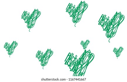 Hand Draw, Embroidered, Stylish Green Hearts of Different Size on White Background