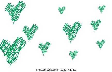 Hand Draw, Embroidered, Stylish Green Hearts of Different Size on White Background