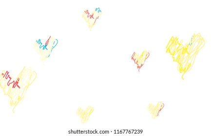 Hand Draw, Embroidered, Stylish Green, Yellow, Red and Blue Hearts of Different Size on White Background