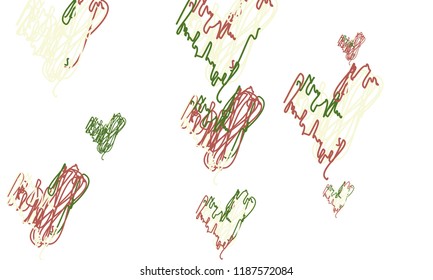 Hand Draw, Embroidered, Stylish Green and Red Hearts of Different Size on White Background
