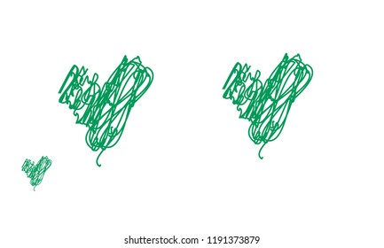 Hand Draw, Embroidered, Stylish Green Hearts of Different Size on White Background