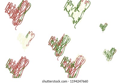 Hand Draw, Embroidered, Stylish Green and Red Hearts of Different Size on White Background