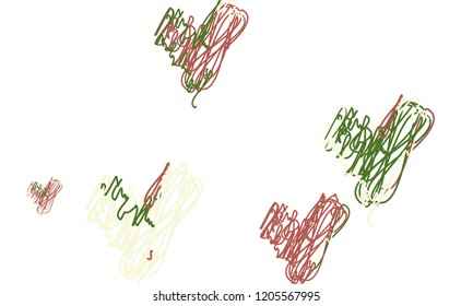 Hand Draw, Embroidered, Stylish Green and Red Hearts of Different Size on White Background