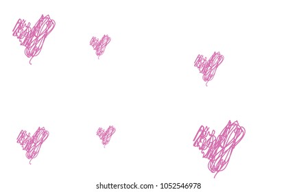 Hand Draw, Embroidered, Stylish Violet Hearts of Different Size on White Background