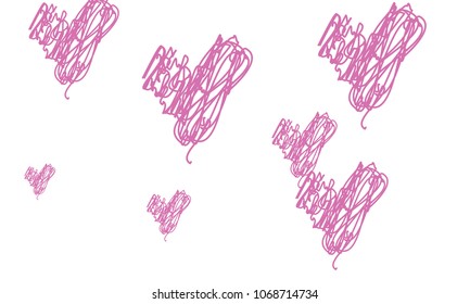 Hand Draw, Embroidered, Stylish Violet Hearts of Different Size on White Background