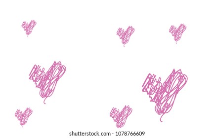 Hand Draw, Embroidered, Stylish Violet Hearts of Different Size on White Background