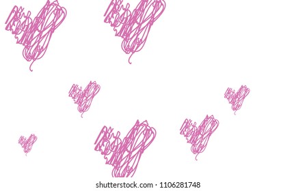 Hand Draw, Embroidered, Stylish Violet Hearts of Different Size on White Background