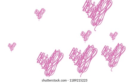 Hand Draw, Embroidered, Stylish Violet Hearts of Different Size on White Background