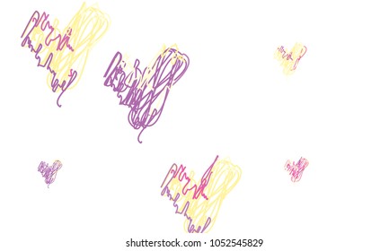 Hand Draw, Embroidered, Stylish Yellow and Violet Hearts of Different Size on White Background