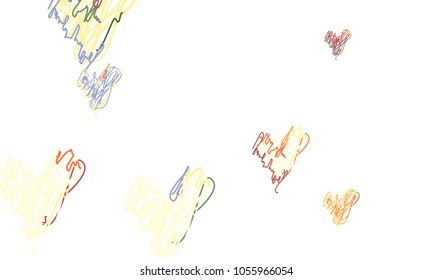 Hand Draw, Embroidered, Stylish Yellow, Red, Blue and Green Hearts of Different Size on White Background