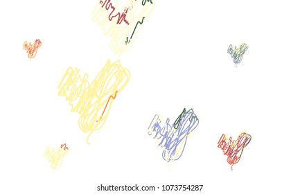 Hand Draw, Embroidered, Stylish Yellow, Red, Blue and Green Hearts of Different Size on White Background